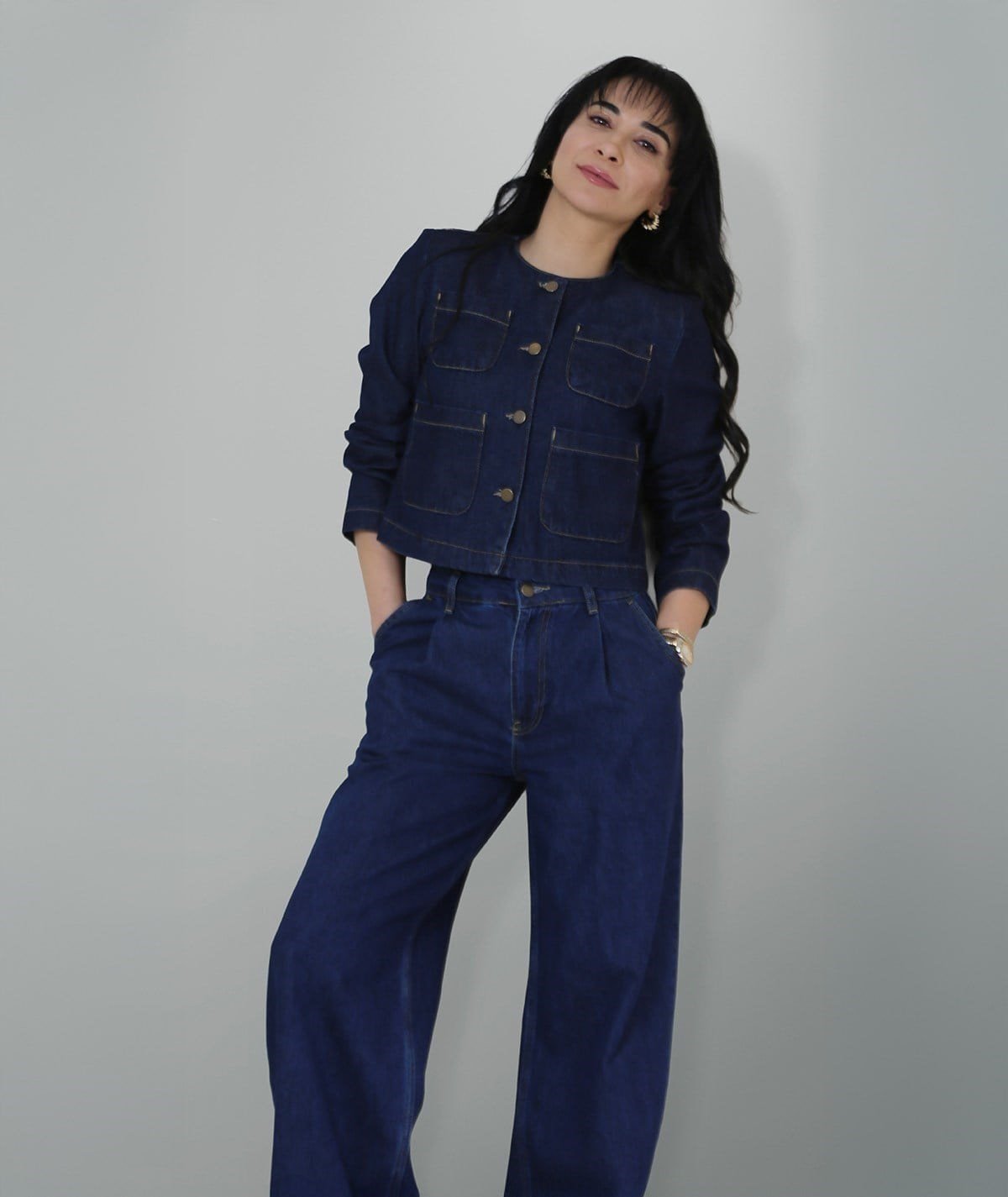 Cep Detaylı Lacivert Denim Takım