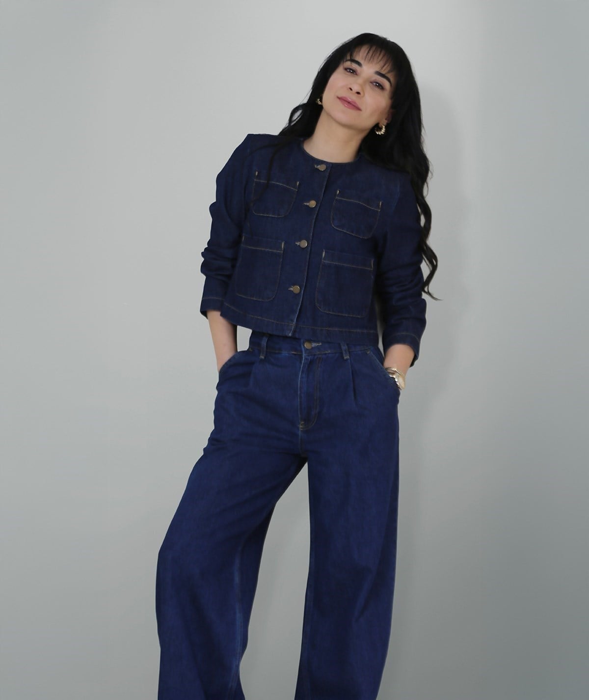 Cep Detaylı Lacivert Denim Takım