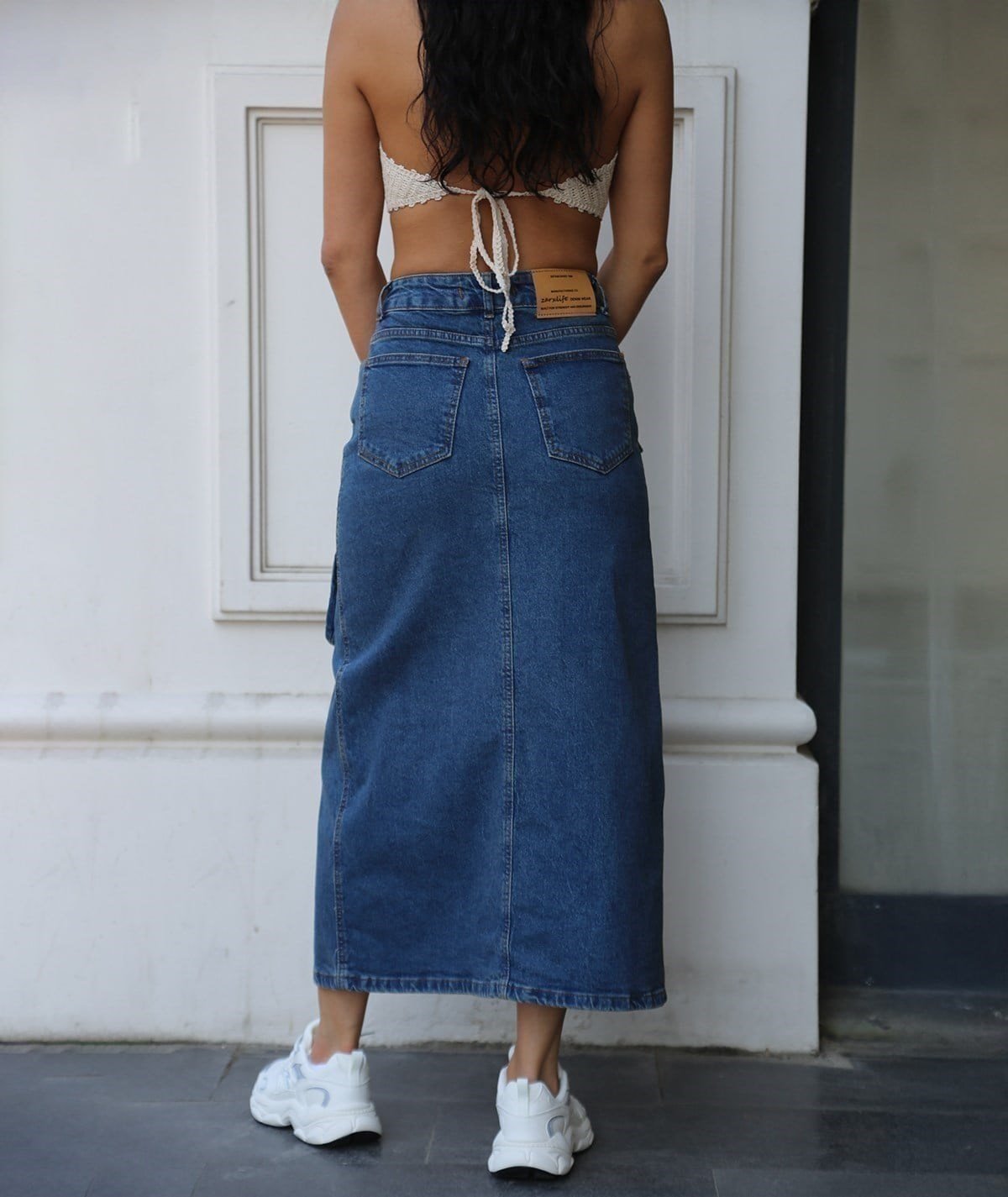 Cepli Asimetrik Kesim Denim Etek