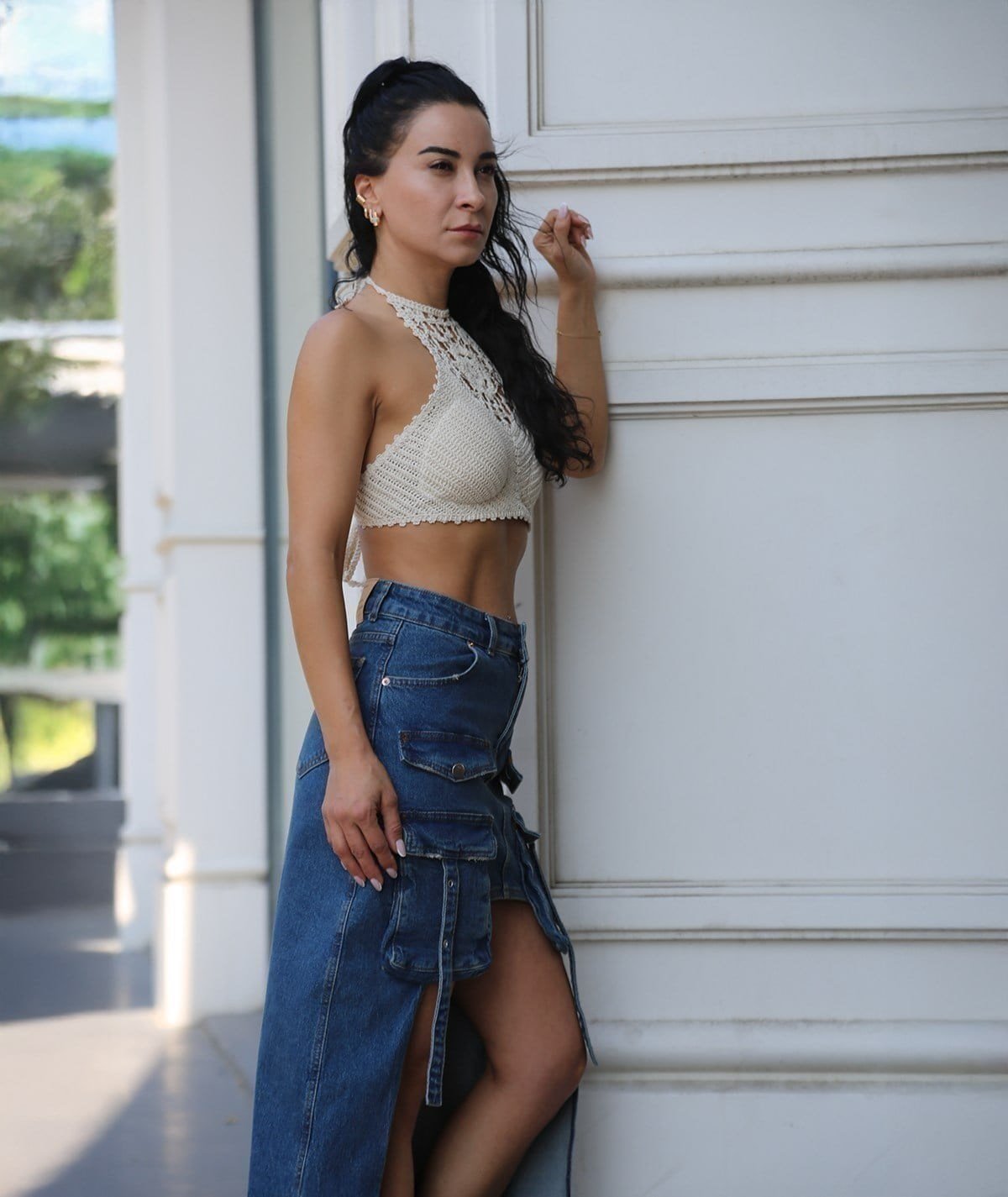 Cepli Asimetrik Kesim Denim Etek