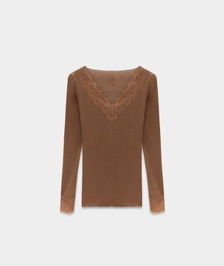 Dantelli Kaşmir Bluz-Koyu Vizon
