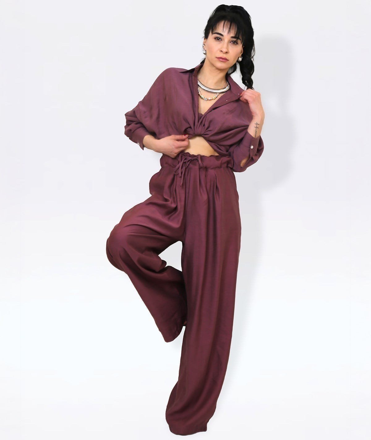 Dökümlü Mürdüm Gömlek & Pantolon Takım