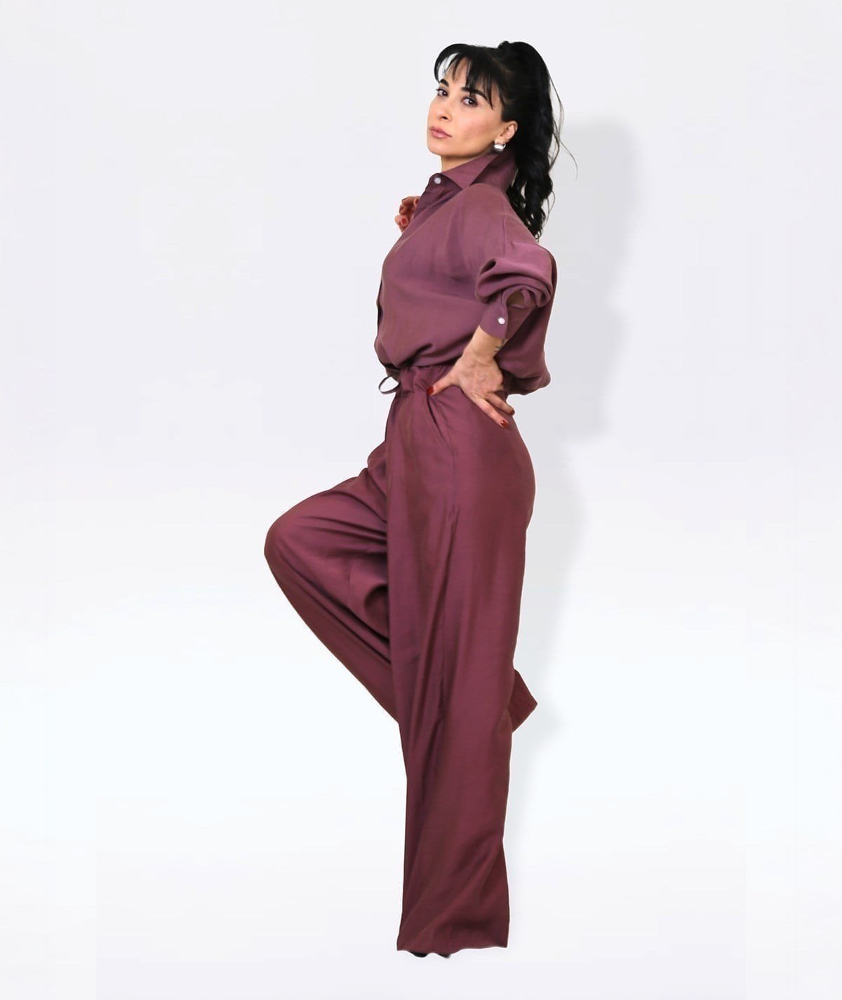Dökümlü Mürdüm Gömlek & Pantolon Takım
