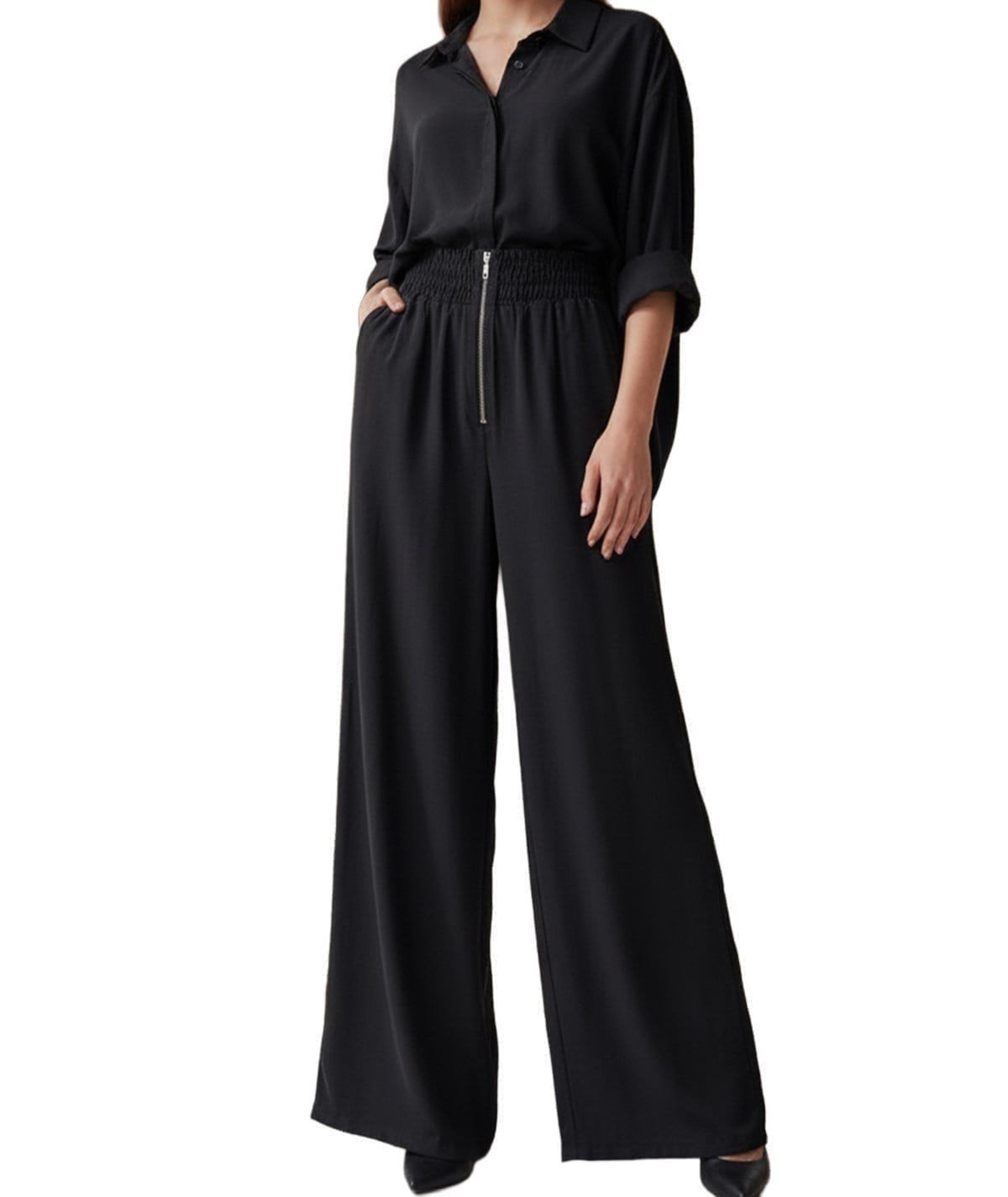 Fermuar Detaylı Bol Paça Takım Siyah