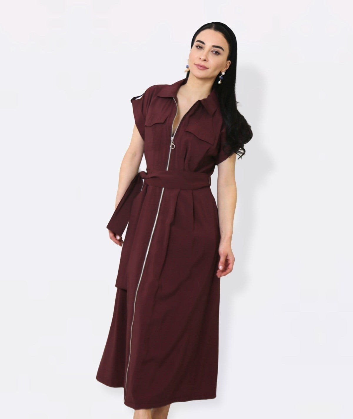 Fermuarlı Bordo Utility Maxi Elbise