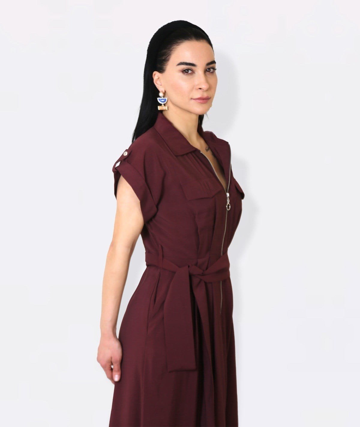 Fermuarlı Bordo Utility Maxi Elbise