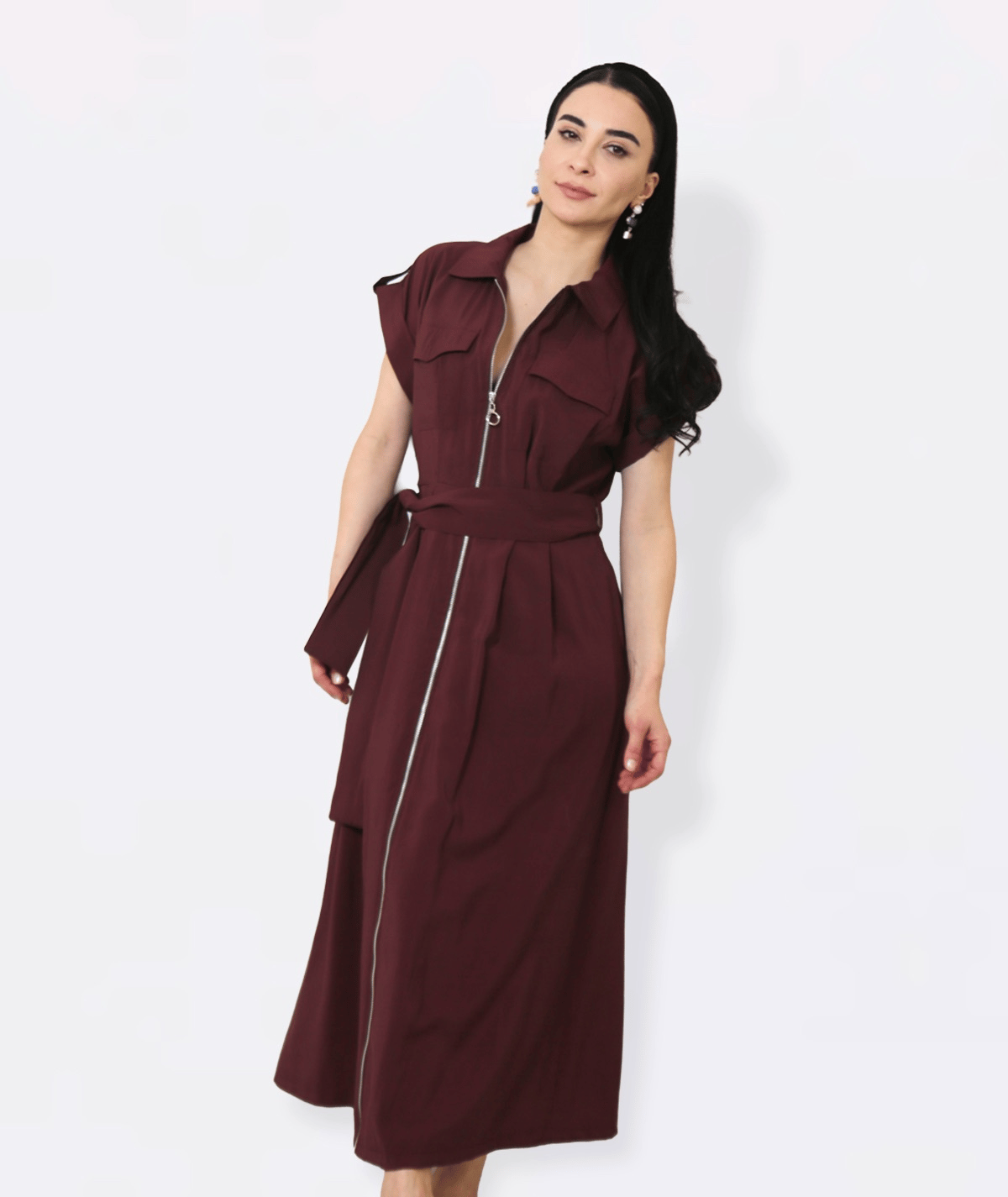 Fermuarlı Bordo Utility Maxi Elbise