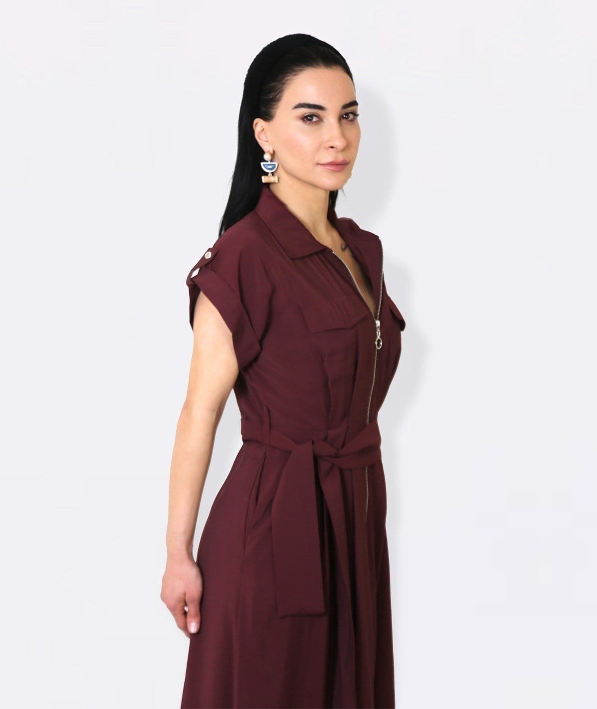 Fermuarlı Bordo Utility Maxi Elbise