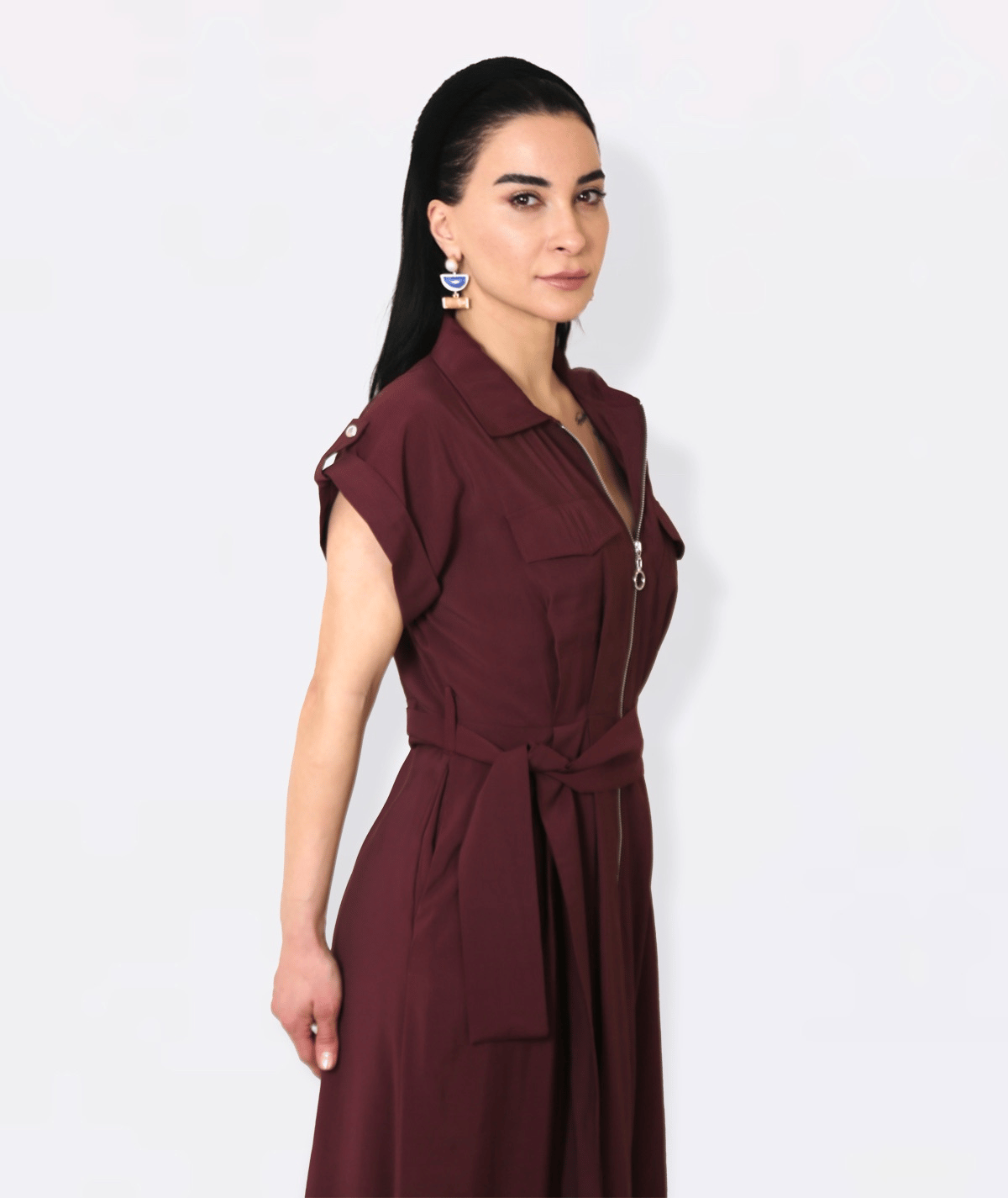 Fermuarlı Bordo Utility Maxi Elbise