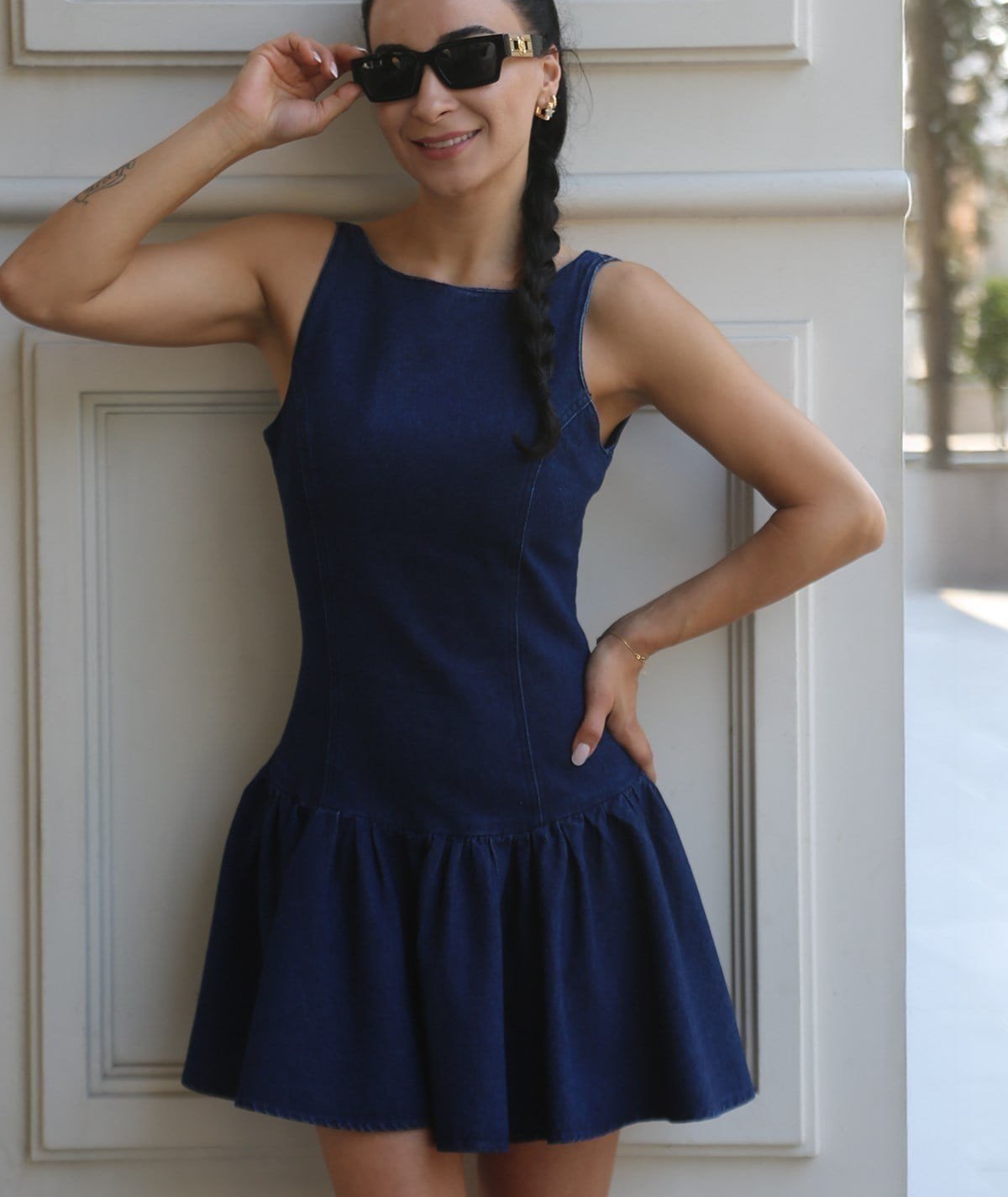 Fırfır Etekli Denim Mini Elbise