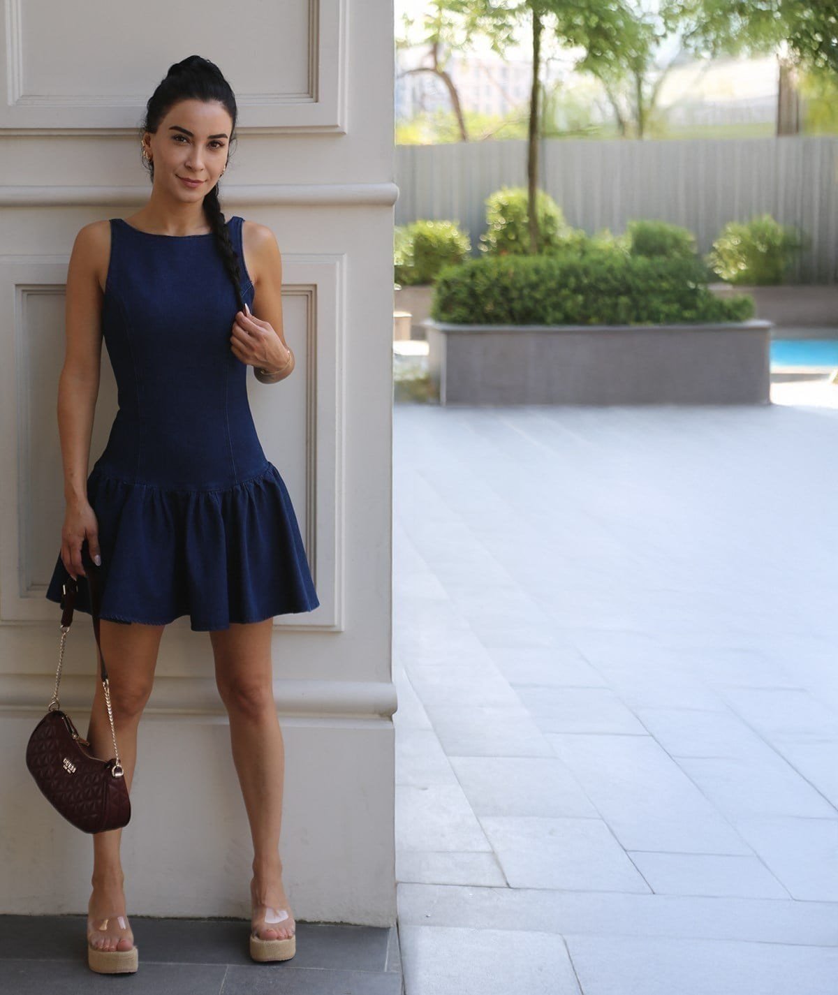 Fırfır Etekli Denim Mini Elbise