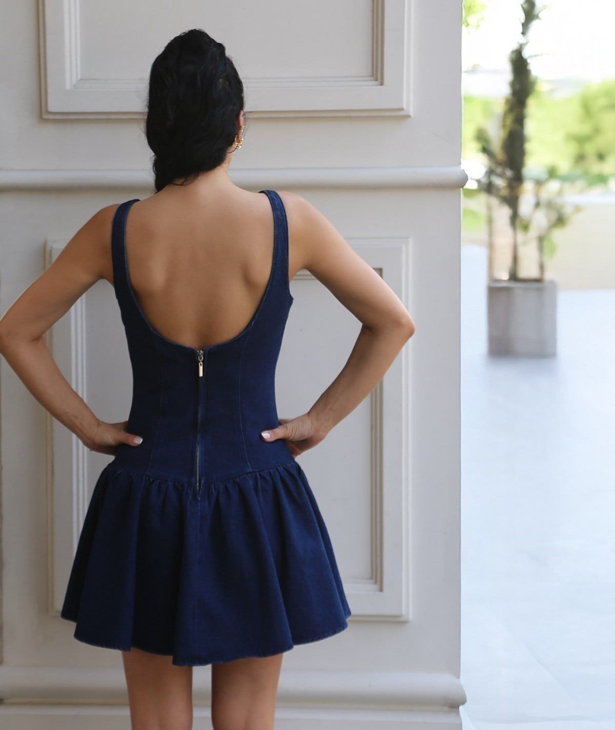Fırfır Etekli Denim Mini Elbise