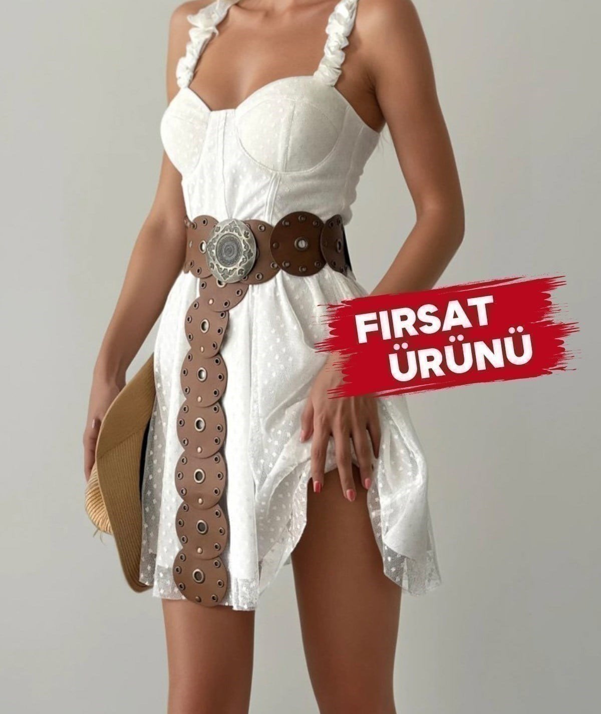 Fırfırlı Askılı Beyaz Mini Elbise