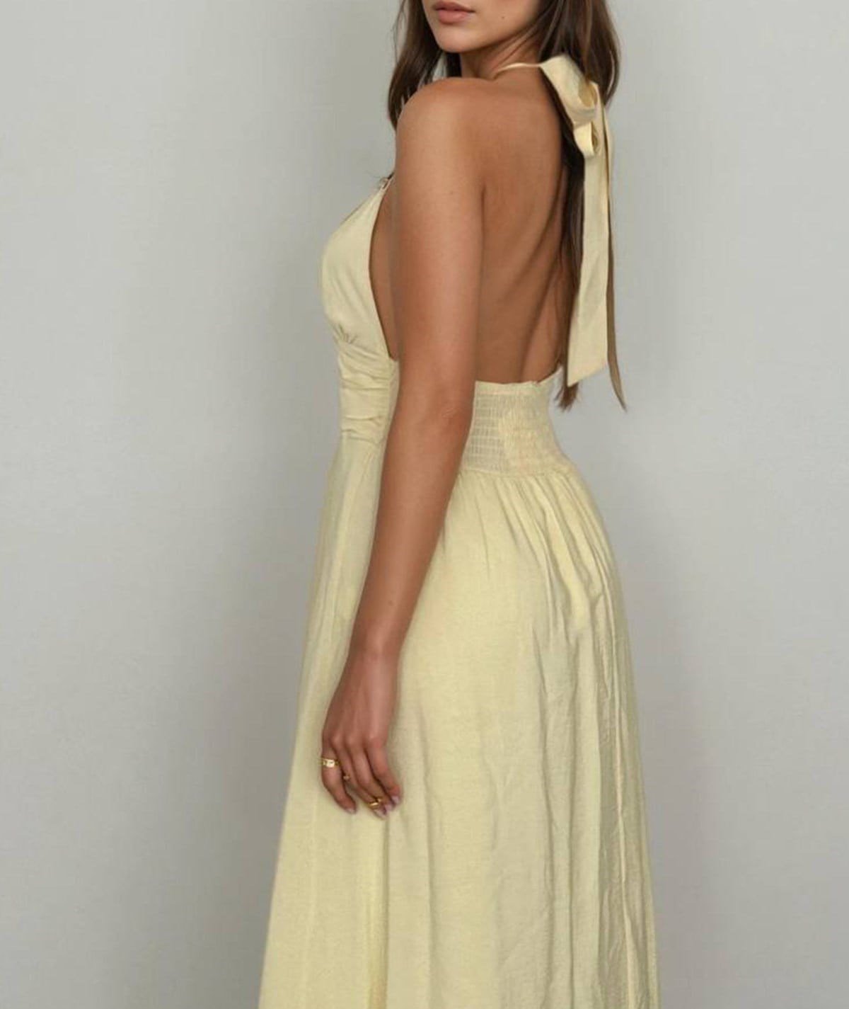Halter Yaka Kruvaze Uzun Elbise – Vanilya Sarı