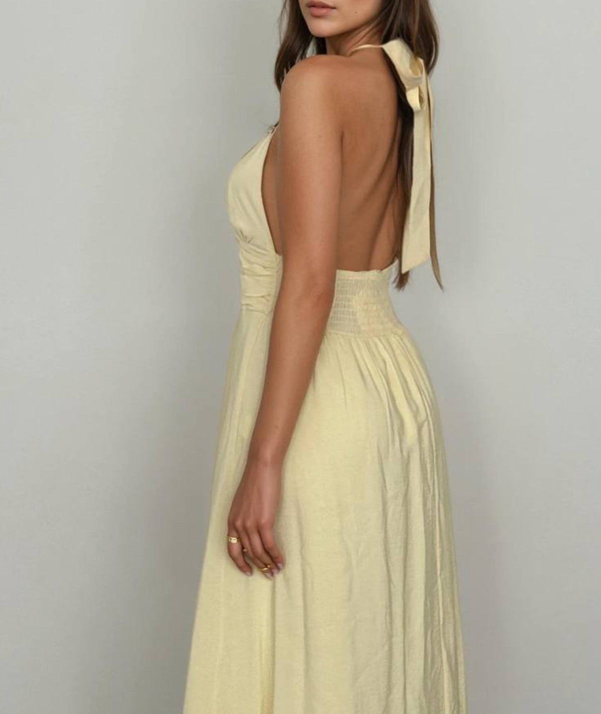 Halter Yaka Kruvaze Uzun Elbise – Vanilya Sarı