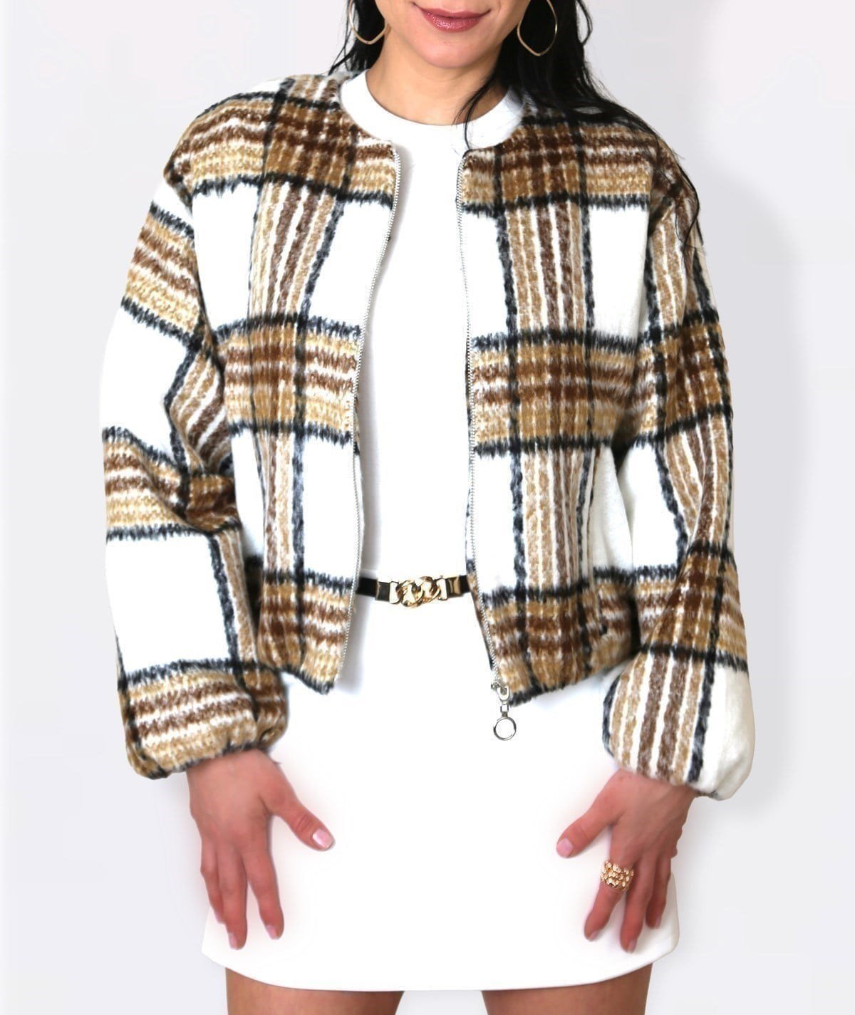 Kareli Fermuarlı Kısa Mont
