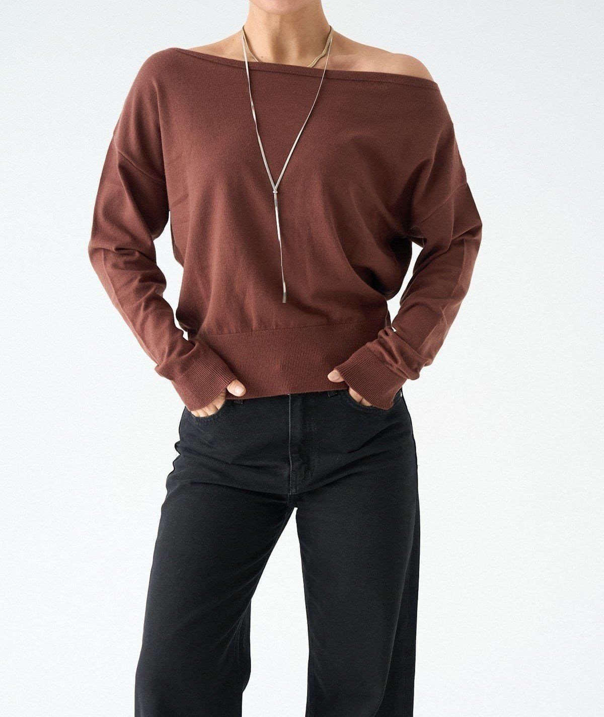 Kayık Yaka Triko Kazak – Kahve
