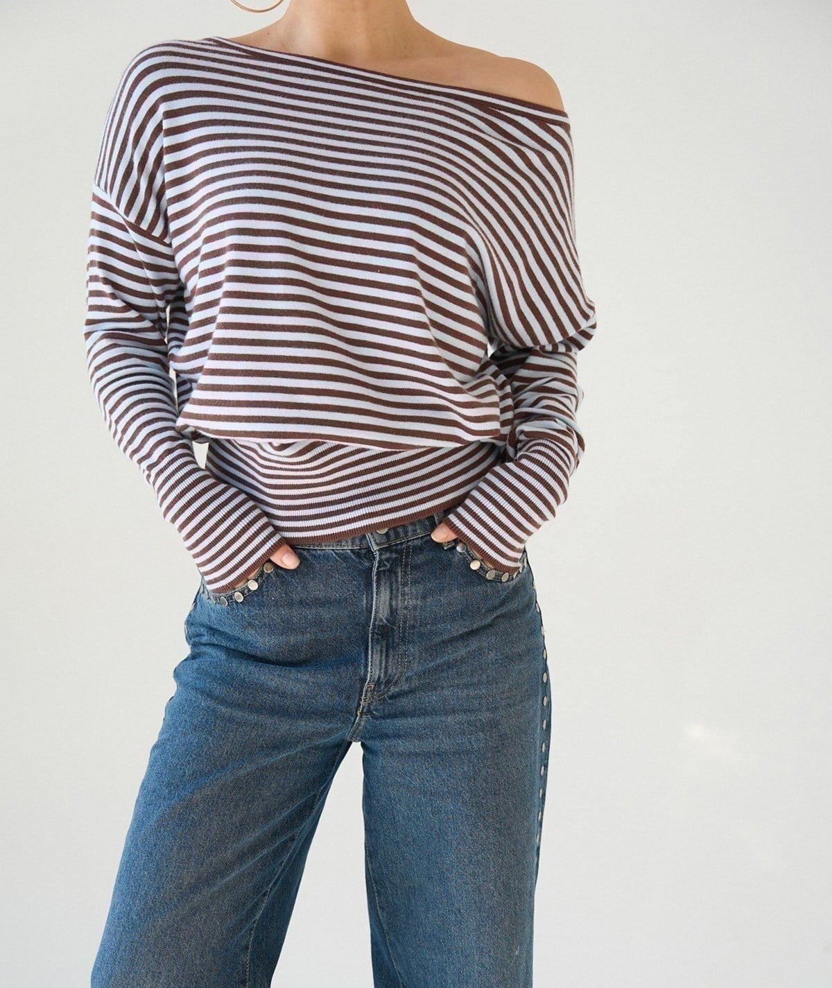 Kayık Yaka Triko Kazak Bebe Mavisi – Kahve Çizgili