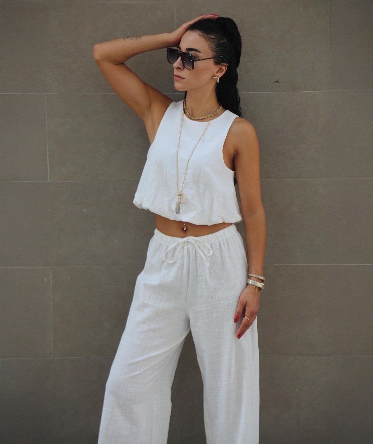 Keten Görünümlü Crop Pantolon Takım