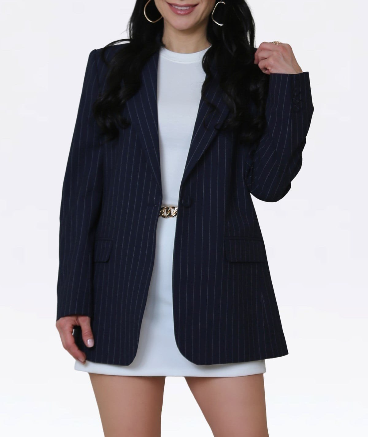 Lacivert Beyaz Çizgili Blazer Ceket