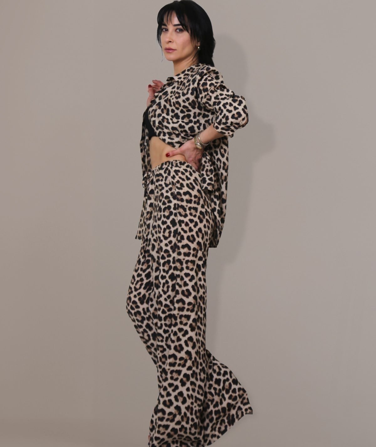 Leopar Desenli Gömlek & Pantolon Takım