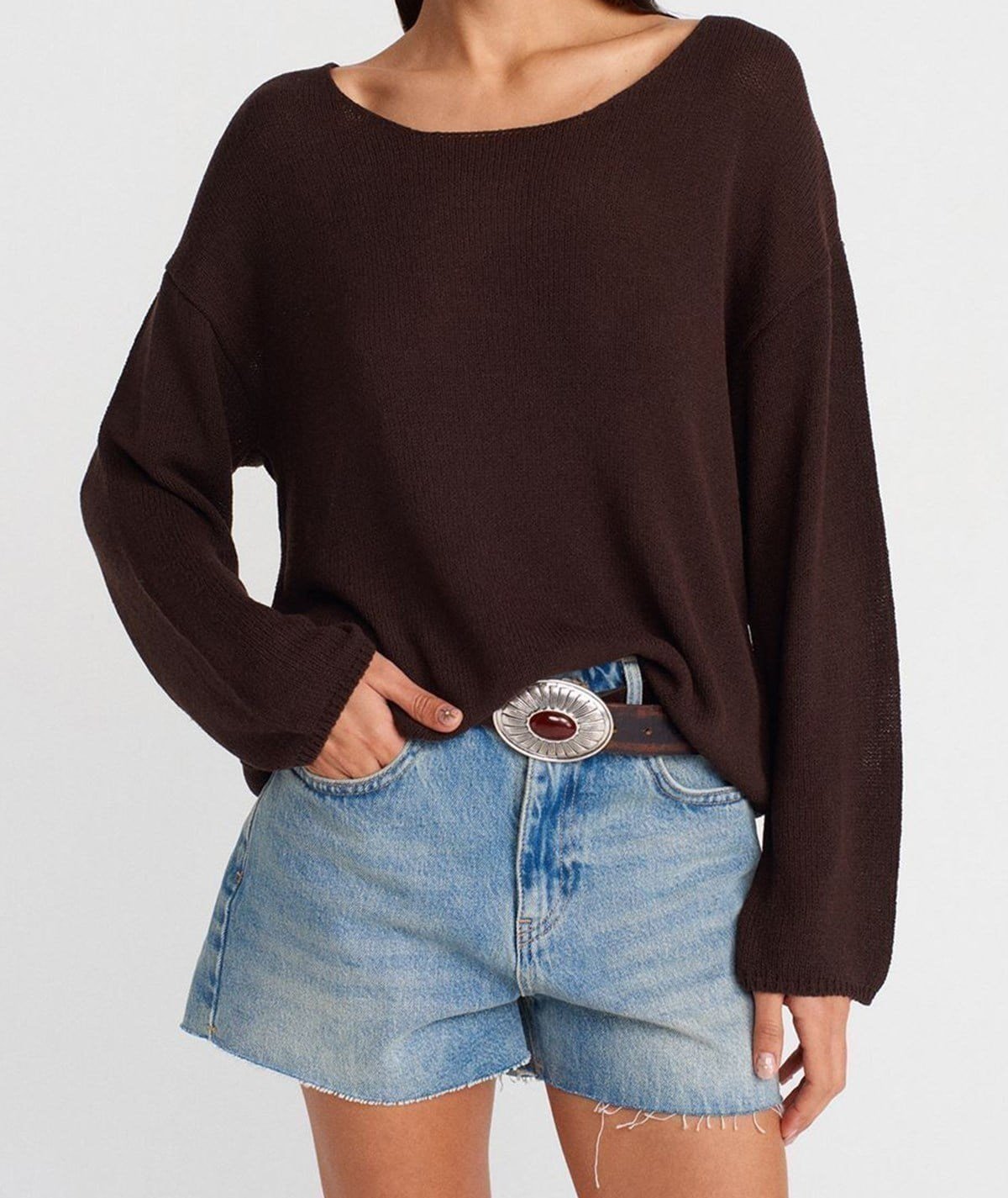 Oval Yaka Dökümlü Kazak-Koyu Kahve