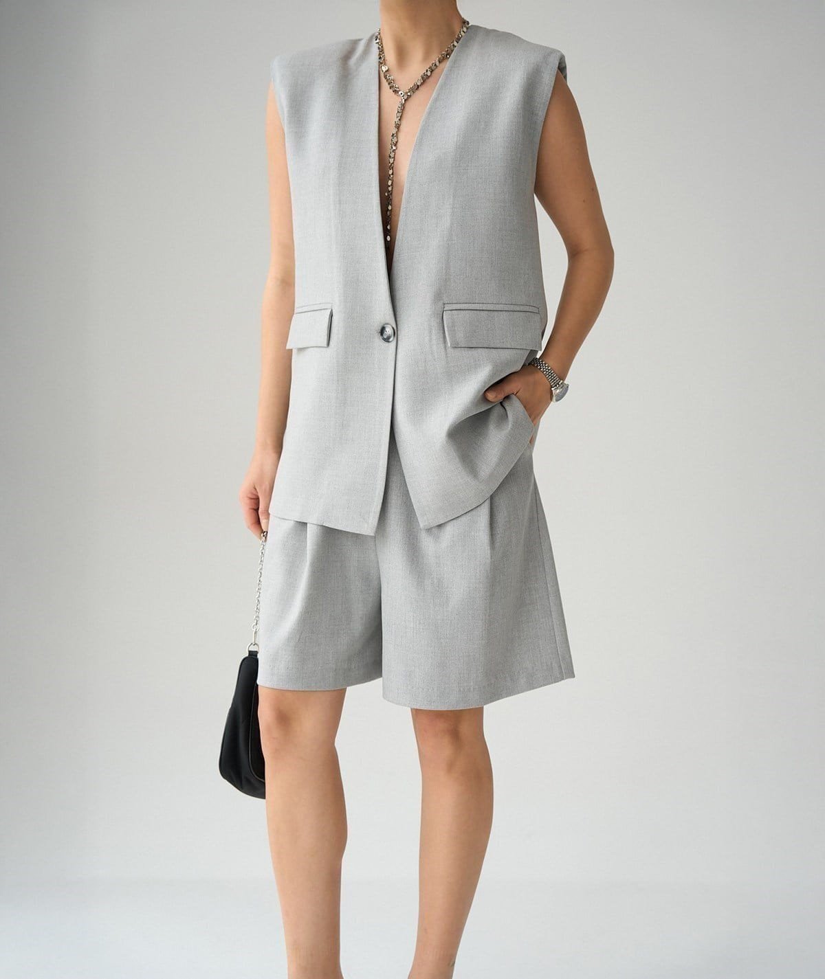 Oversize Yelekli Şort Takım – Gri
