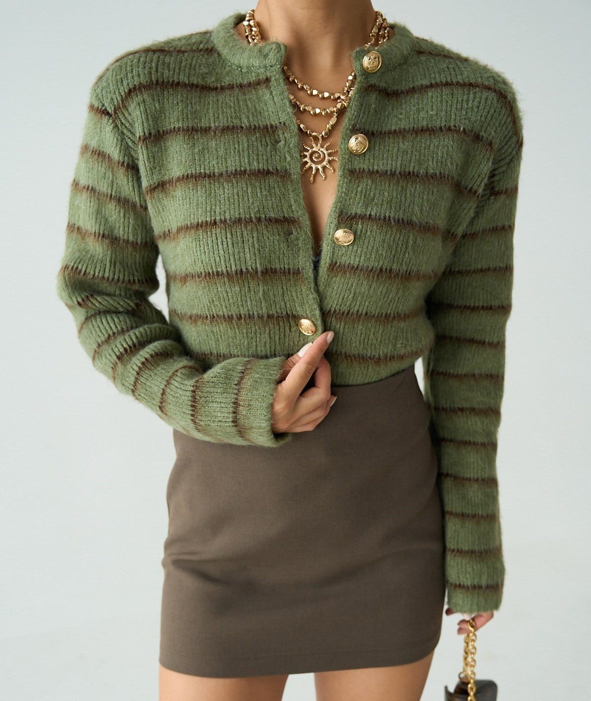 Şardonlu İnce Çizgili Hırka (Açık Yeşil / Acı Kahve)