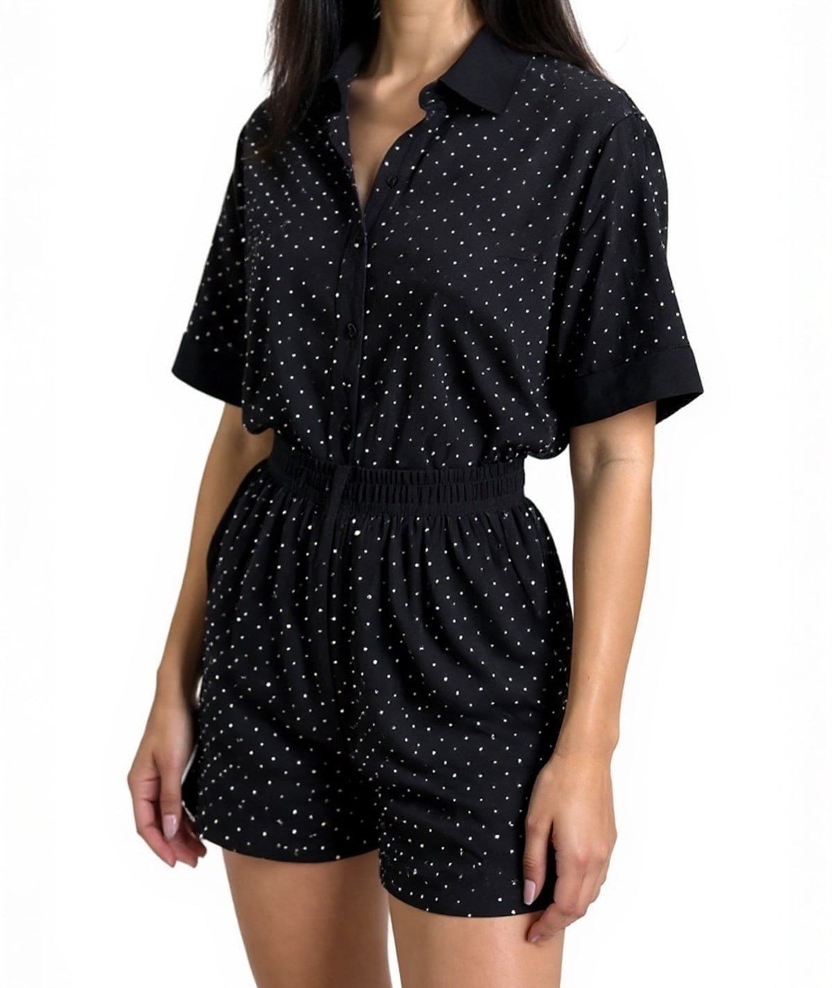 Siyah Taş Detaylı Gömlek-Şort Takım