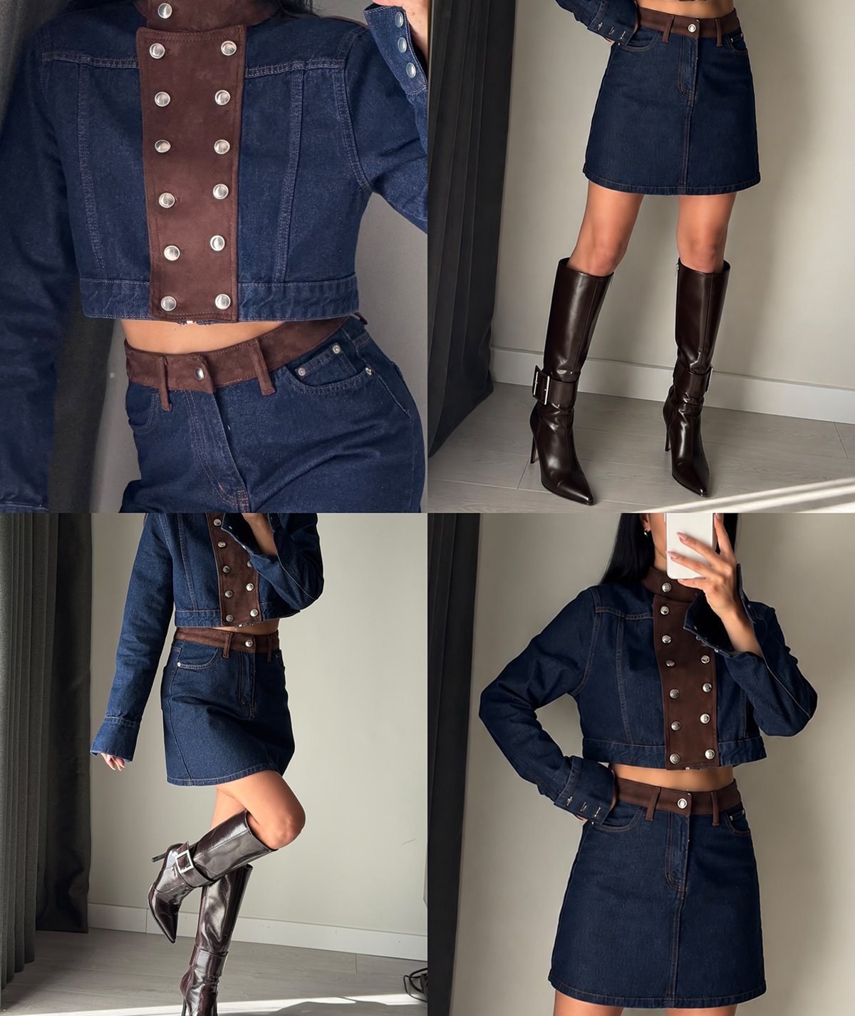 Süet Detaylı Denim Takım