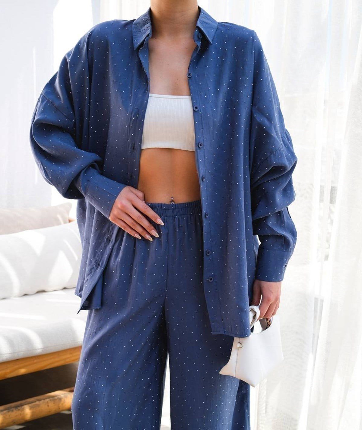 Taş Detaylı Gömlek & Pantolon Takım – Indigo