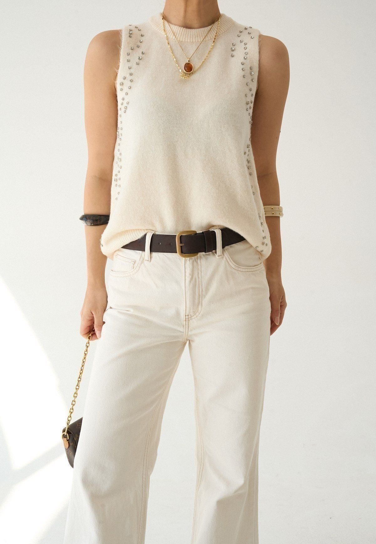 Taşlı Triko Atlet Krem