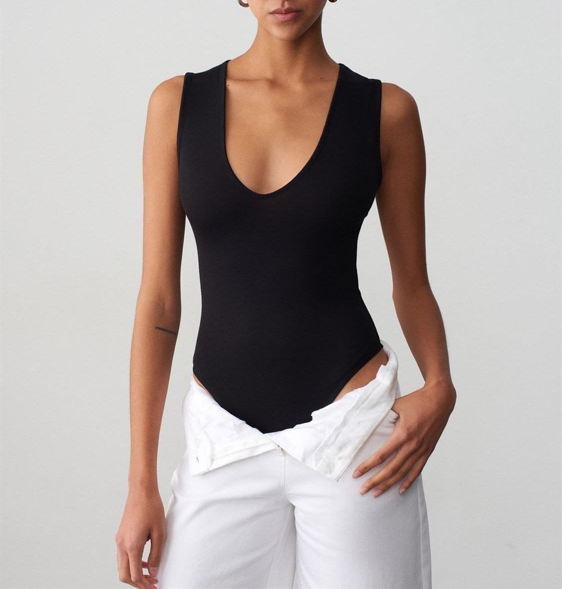 V Yaka Bodysuit-Siyah