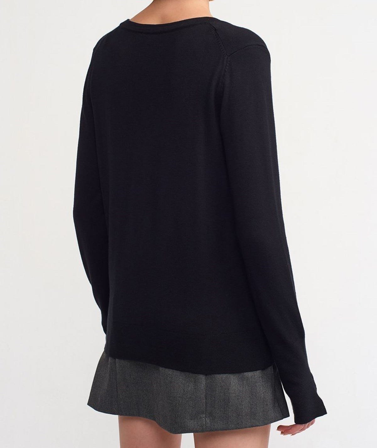 V Yaka Kolu Yırtmaçlı Kazak-Siyah