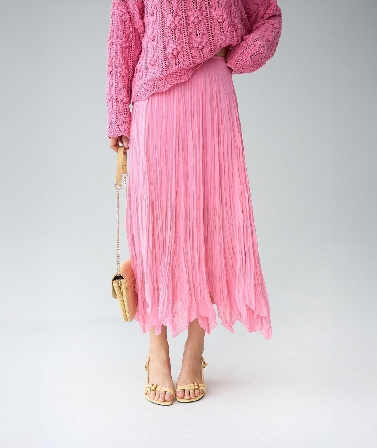 Volan Formlu Pliseli Maxi Etek – Pembe