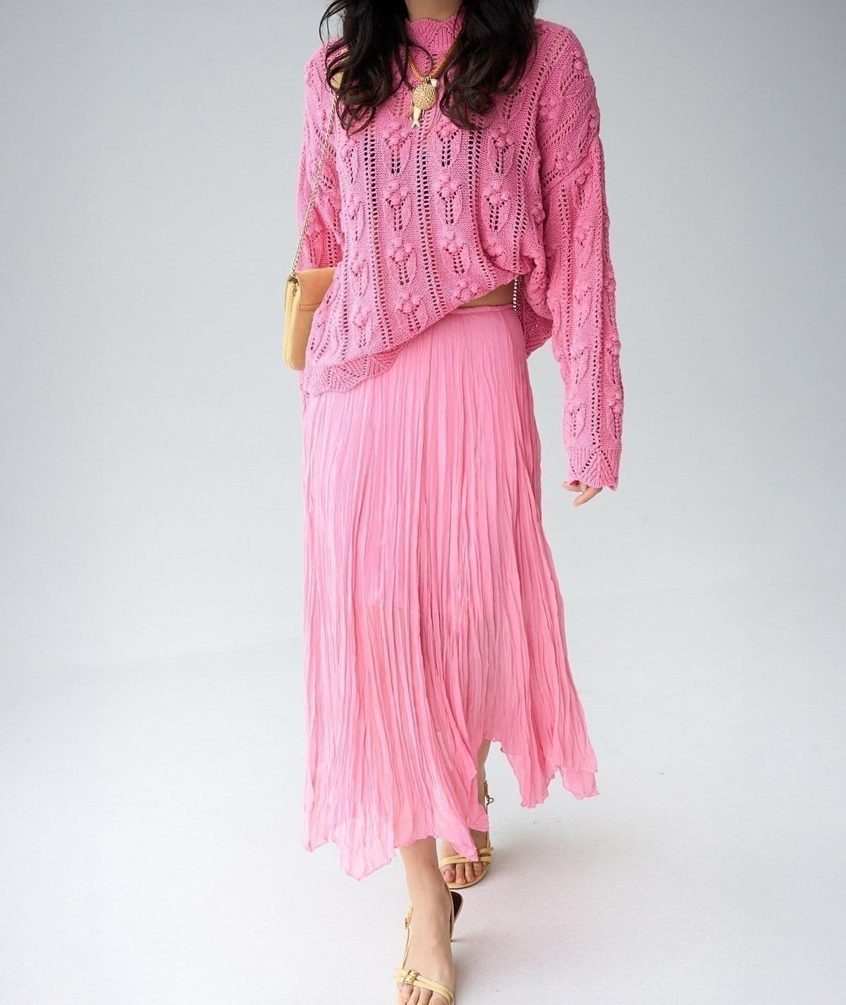 Volan Formlu Pliseli Maxi Etek – Pembe