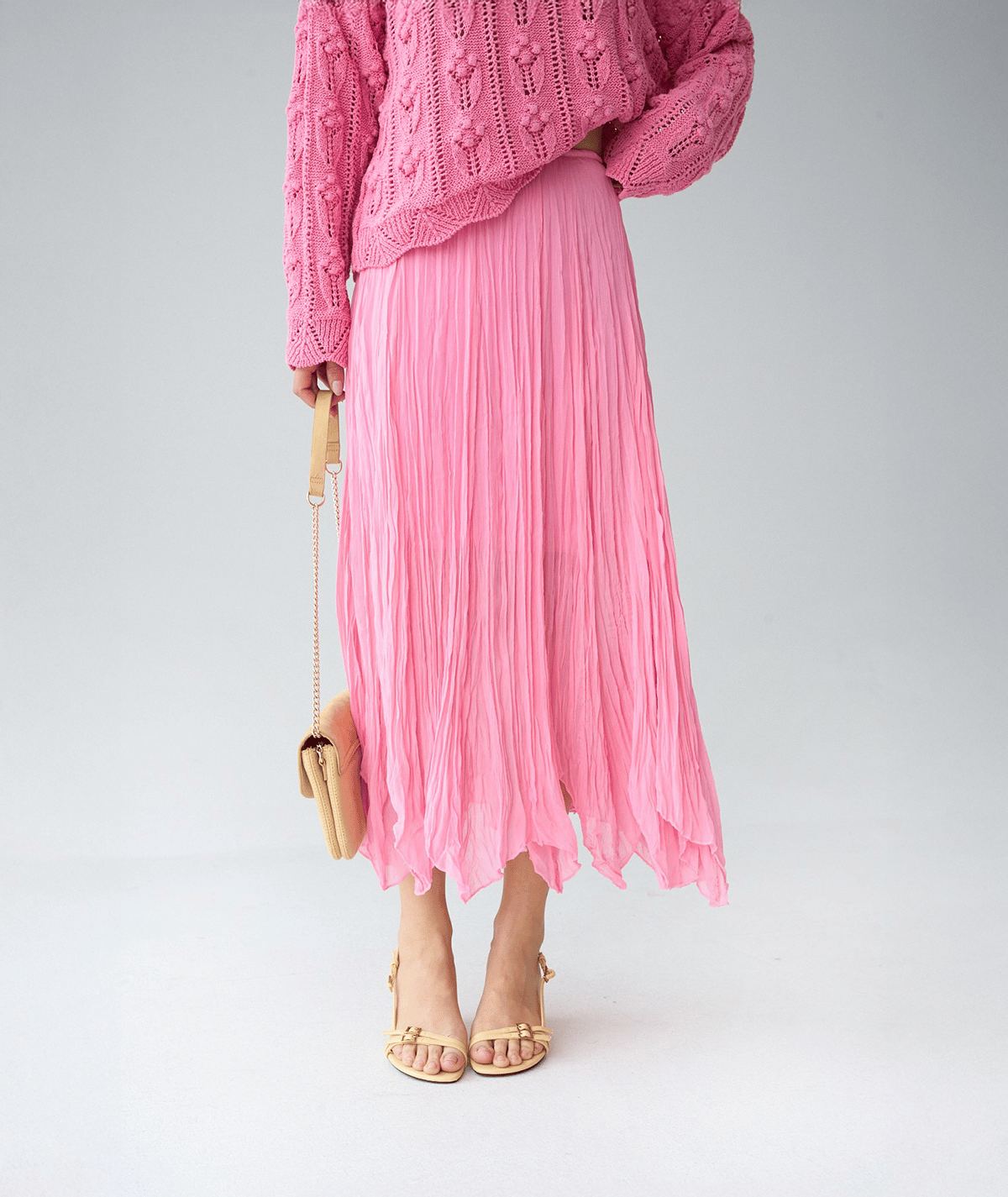 Volan Formlu Pliseli Maxi Etek – Pembe