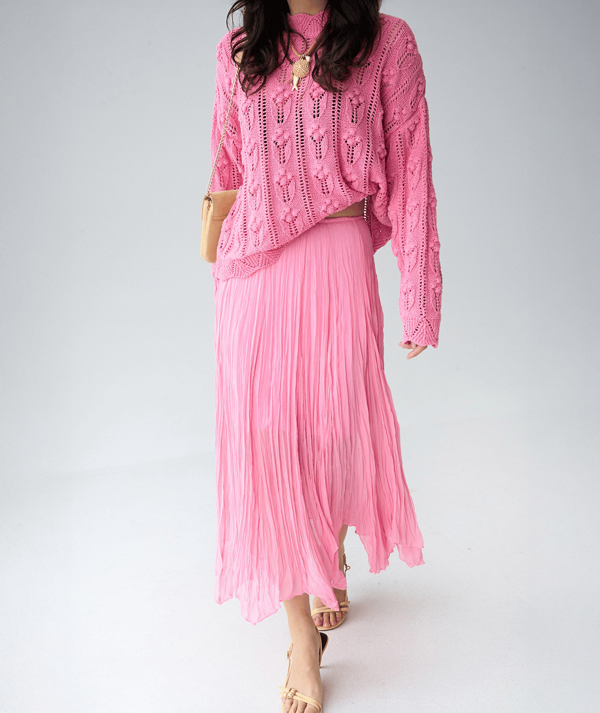 Volan Formlu Pliseli Maxi Etek – Pembe