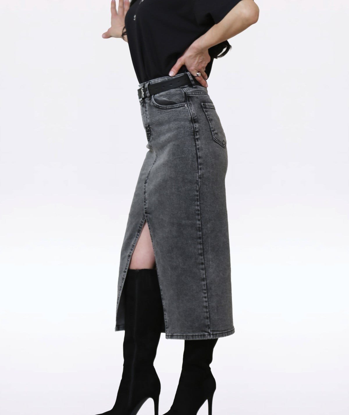 Yırtmaç Detaylı Gri Denim Midi Etek