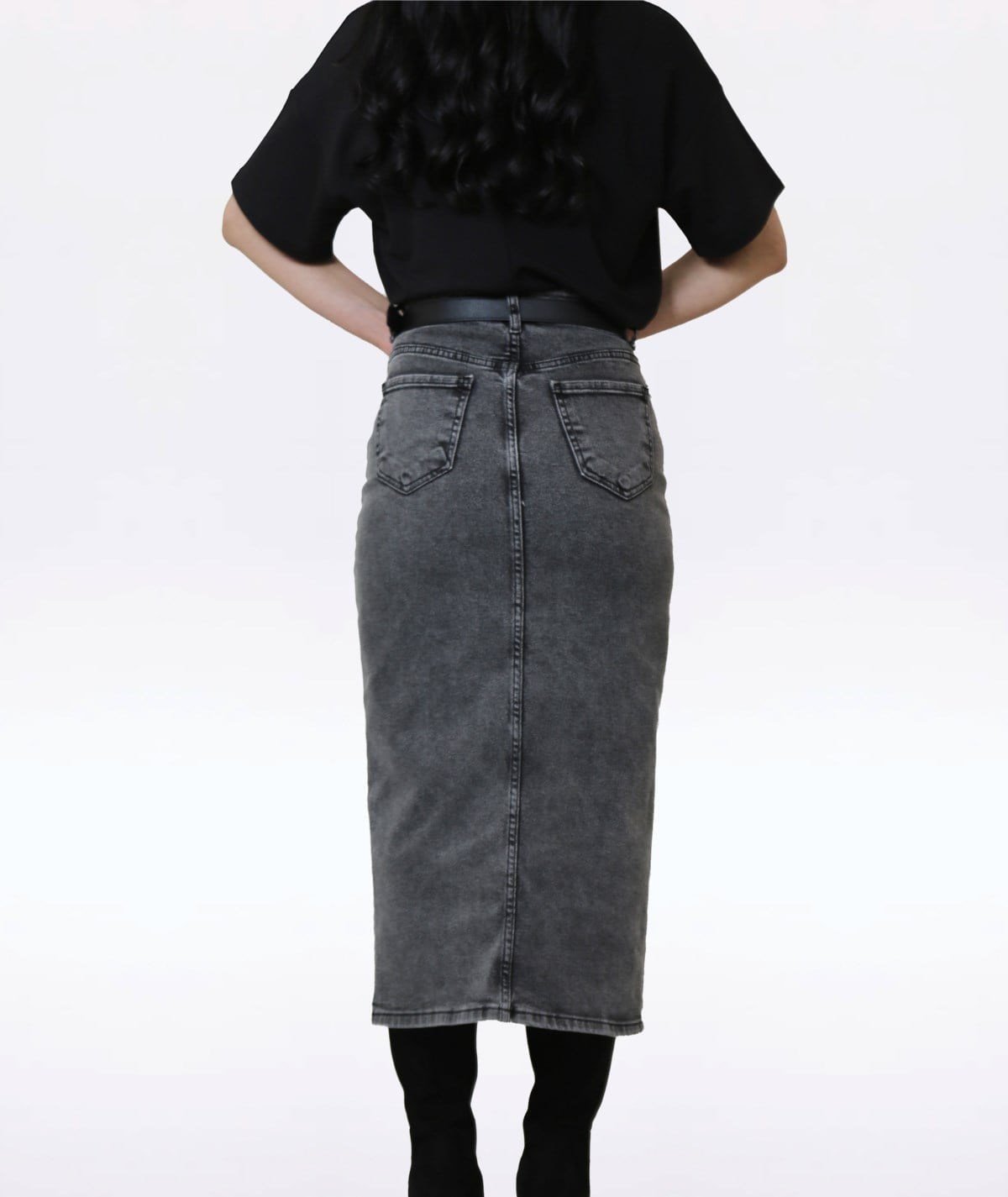 Yırtmaç Detaylı Gri Denim Midi Etek