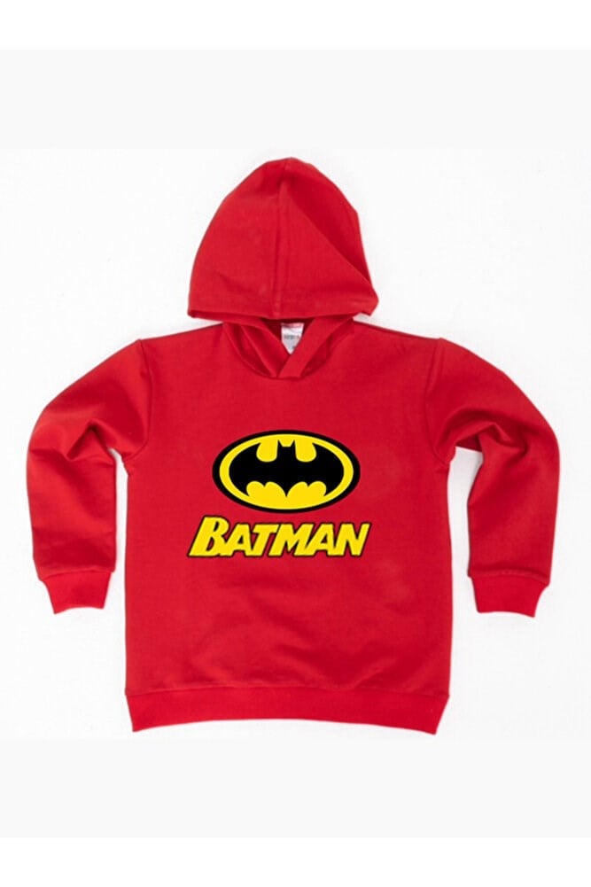 Batman Baskılı Kapüşonlu Pamuklu Kumaş Çocuk Sweatshirt