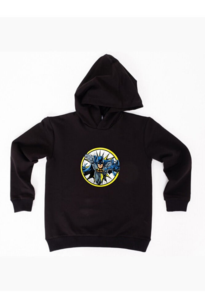 Batman baskılı kapüşonlu pamuklu kumaş çocuk sweatshirt