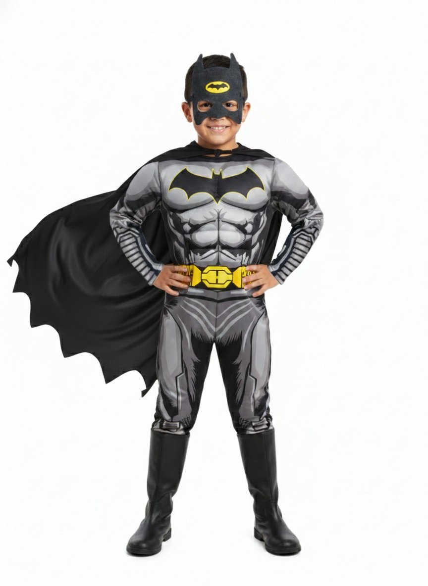Batman Kaslı Çocuk Siyah Pelerinli Maskeli Yarasa Adam Kaslı Kostümü