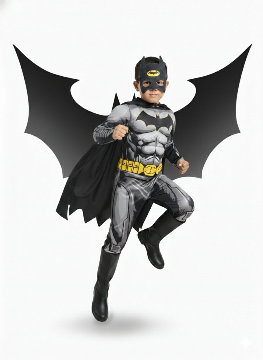 Batman Kaslı Çocuk Siyah Pelerinli Maskeli Yarasa Adam Kaslı Kostümü