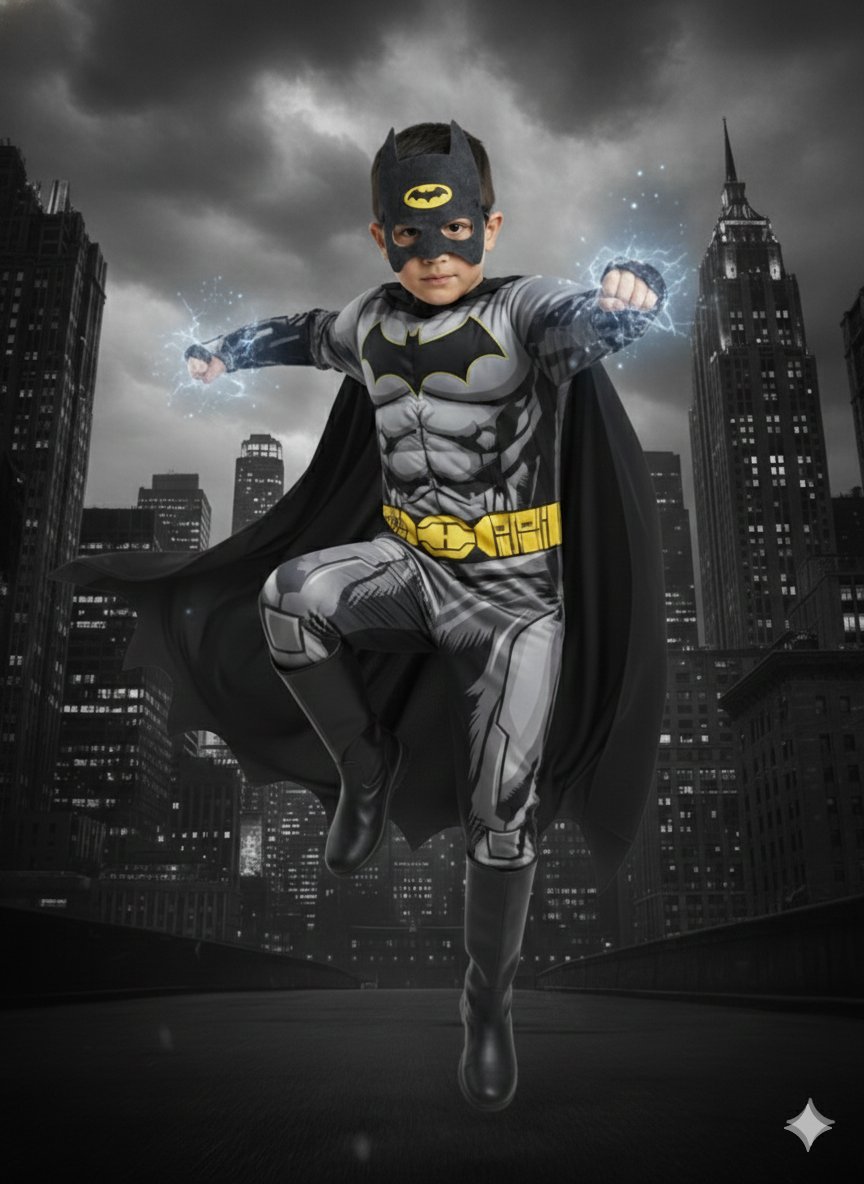 Batman Kaslı Çocuk Siyah Pelerinli Maskeli Yarasa Adam Kaslı Kostümü