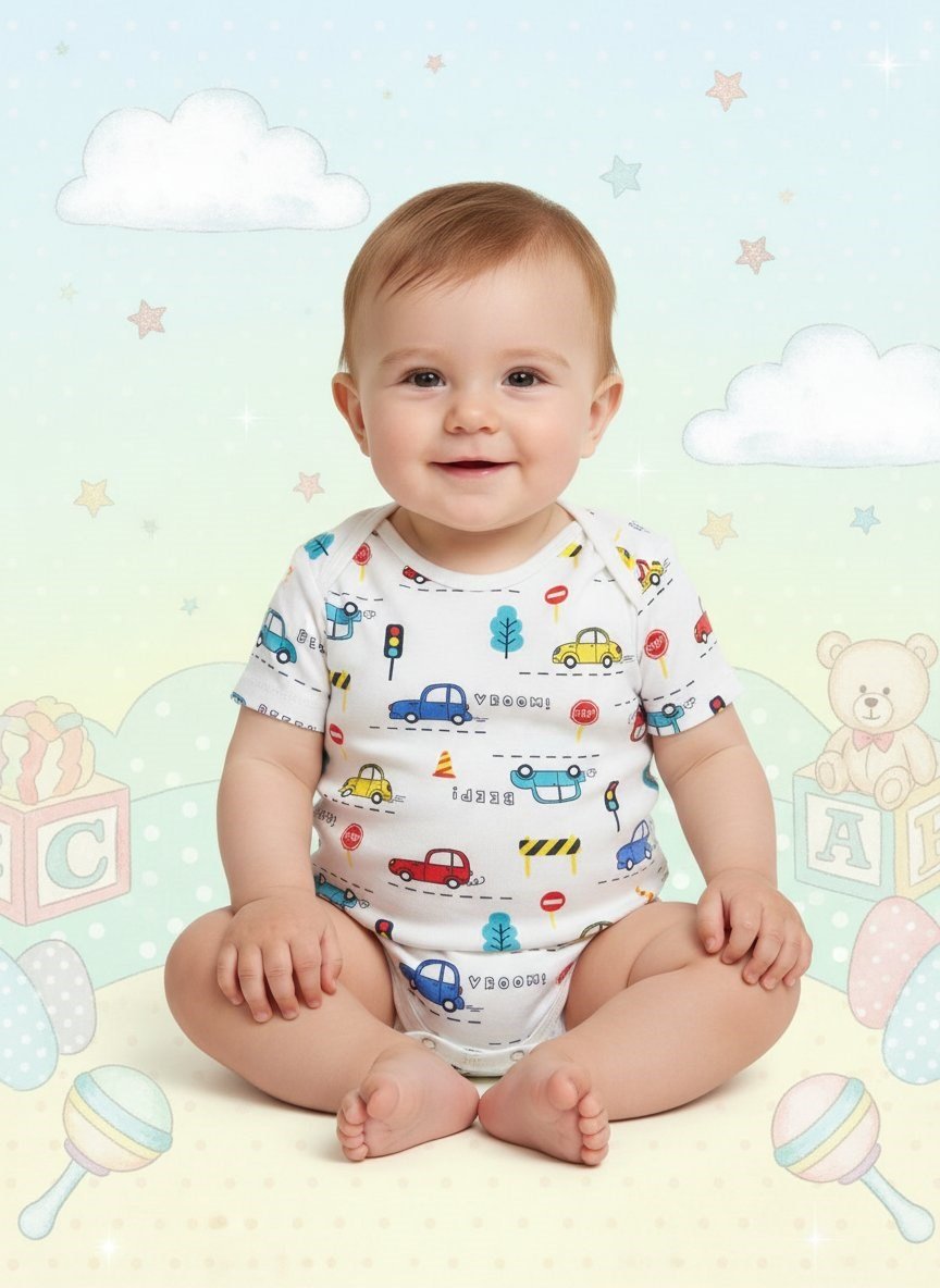 Beyaz Kısa Kol Araba baskılı Bebek Zıbın  Bisiklet Yaka Unisex Body  %100 Pamuk