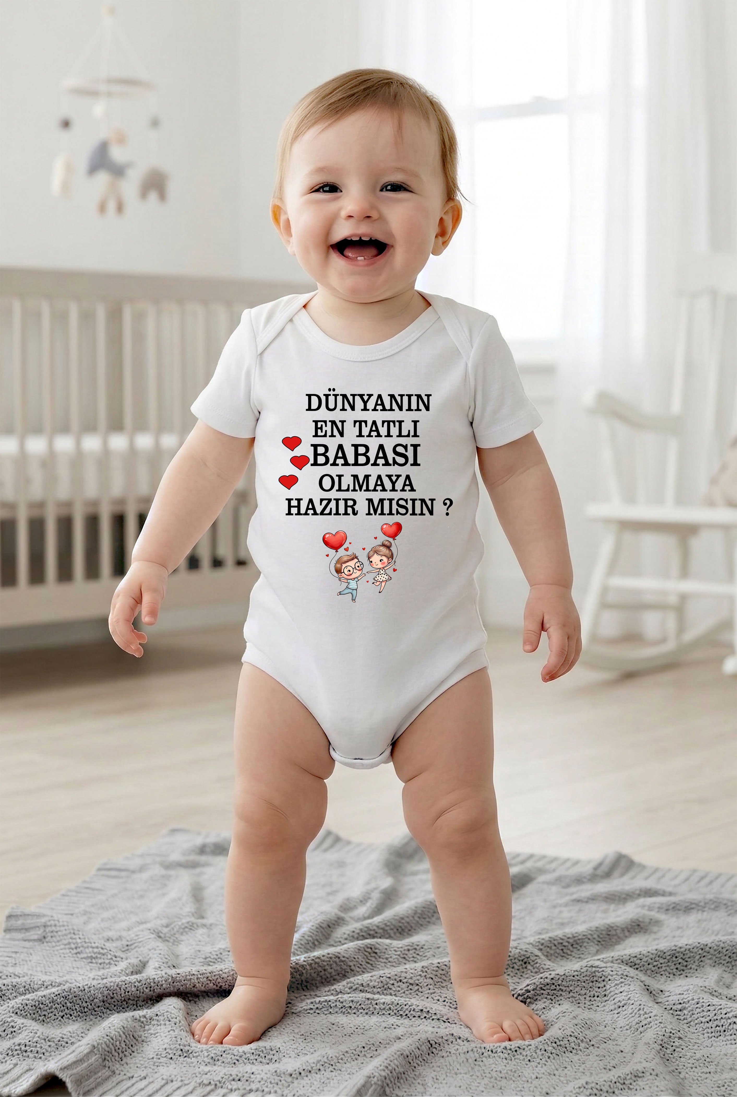 Beyaz kısa kol Dünyanın en tatlı babası olmaya hazırmısın temalı baskılı Bebek Zıbın Bisiklet Yaka Unisex Body %100 Pamuk