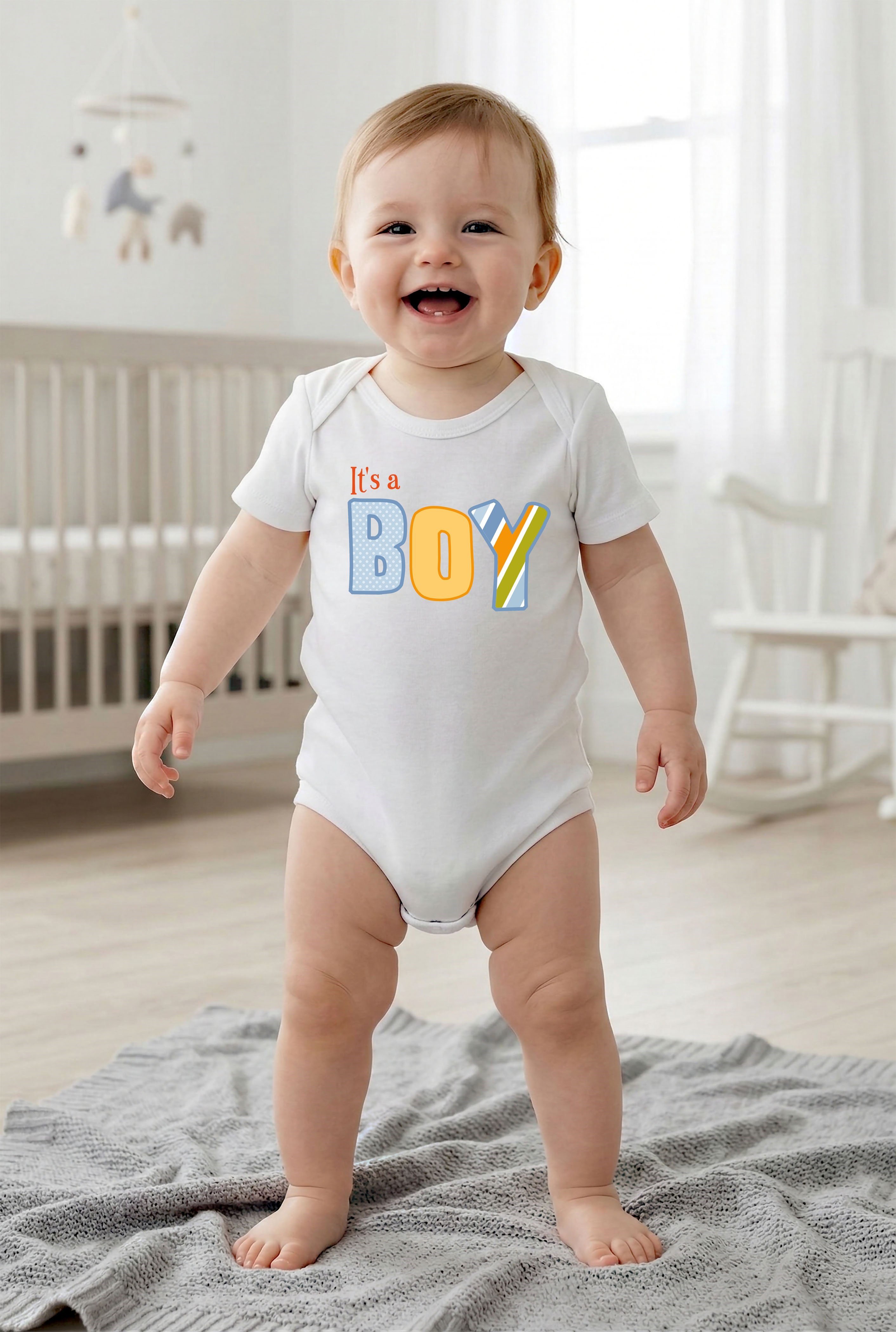 Beyaz kısa kol ıt's a Boy temalı baskılı Bebek Zıbın Bisiklet Yaka Unisex Body %100 Pamuk