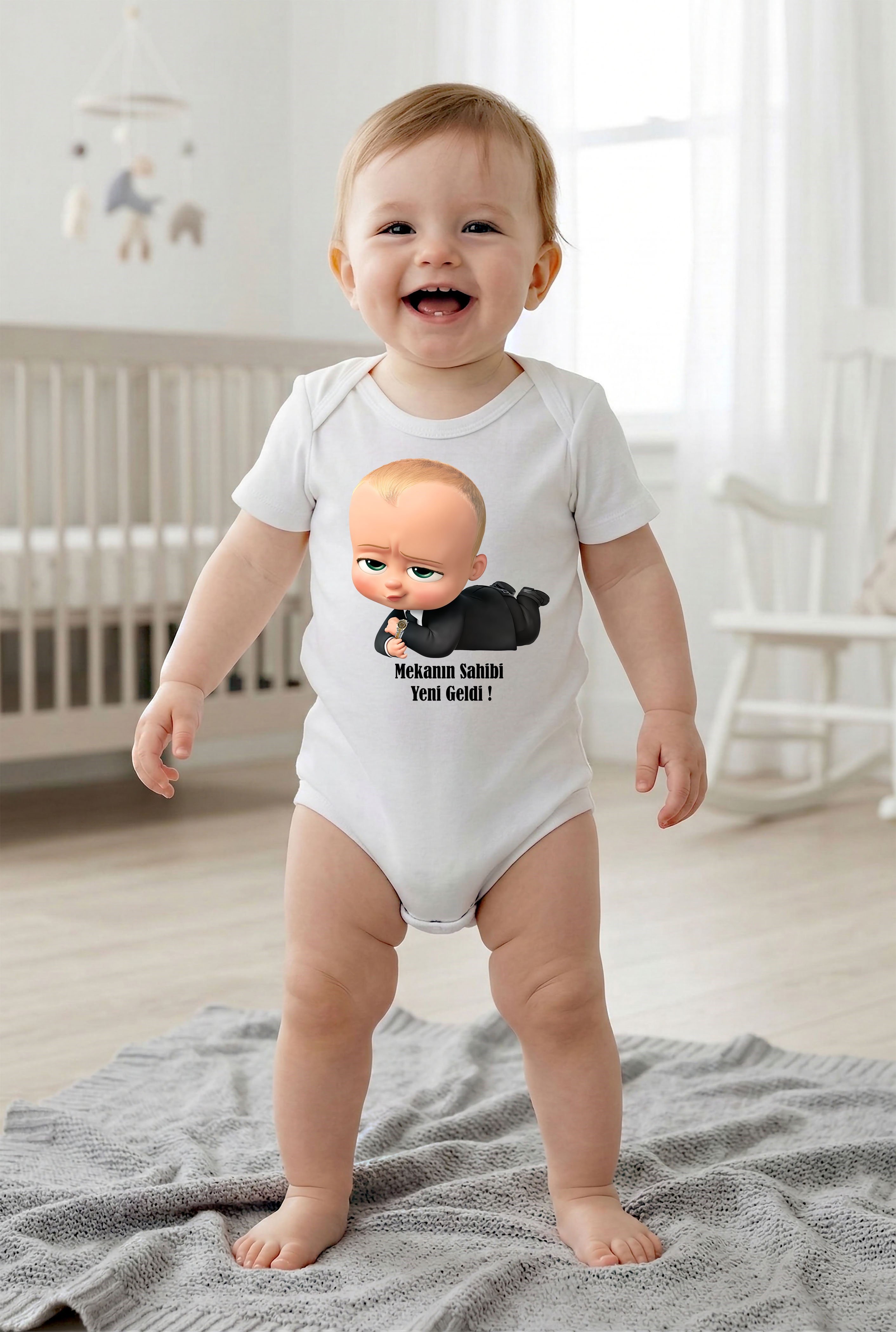 Beyaz kısa kol Patron Bebek temalı baskılı Bebek Zıbın Bisiklet Yaka Unisex Body %100 Pamuk