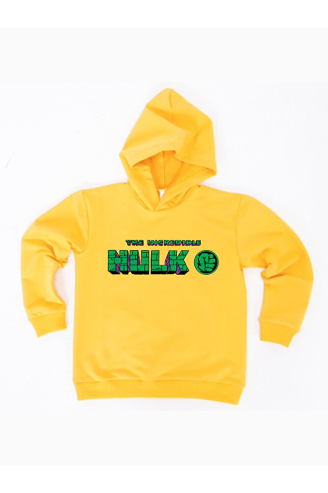 Hulk Baskılı Kapüşonlu Pamuklu Kumaş Çocuk Sweatshirt